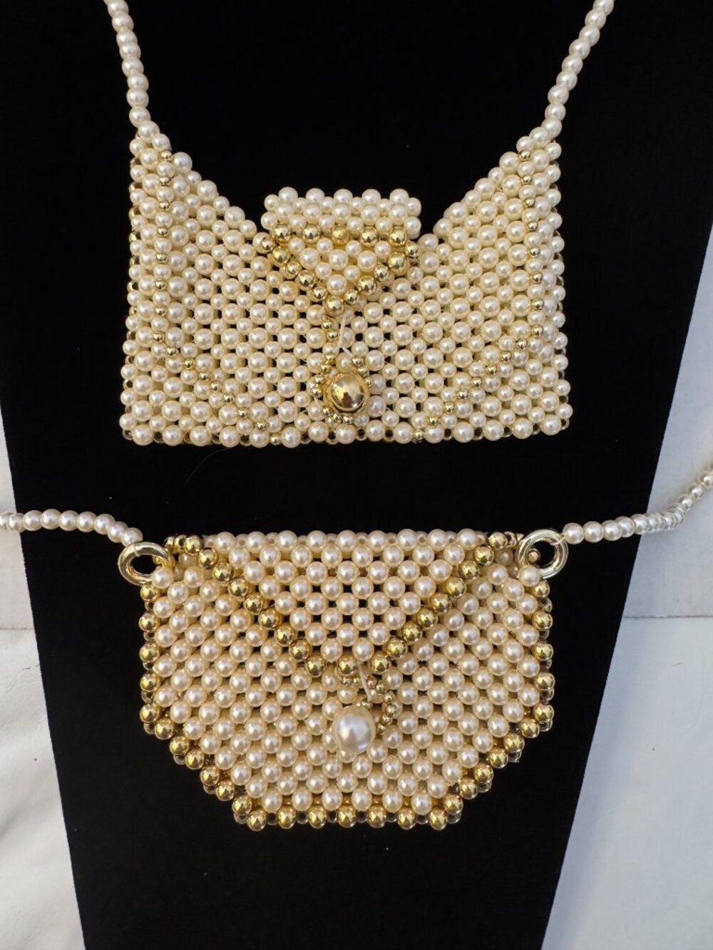 Vintage Pearl Pouch Necklace With Faux Pearls Gold Tone Beads Set of 2